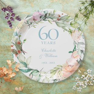 60th Wedding Diamond Anniversary Roses Floral Paper Plate