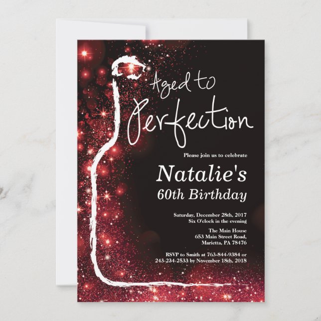 60th Wine Birthday Aged to Perfection Red Glitter Invitation (Front)