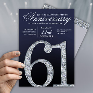 61st Anniversary Diamond Silver Navy Blue Modern Invitation
