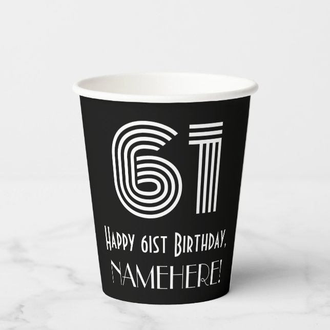 61st Birthday — Art Deco Inspired Look “61” + Name Paper Cups (Back)