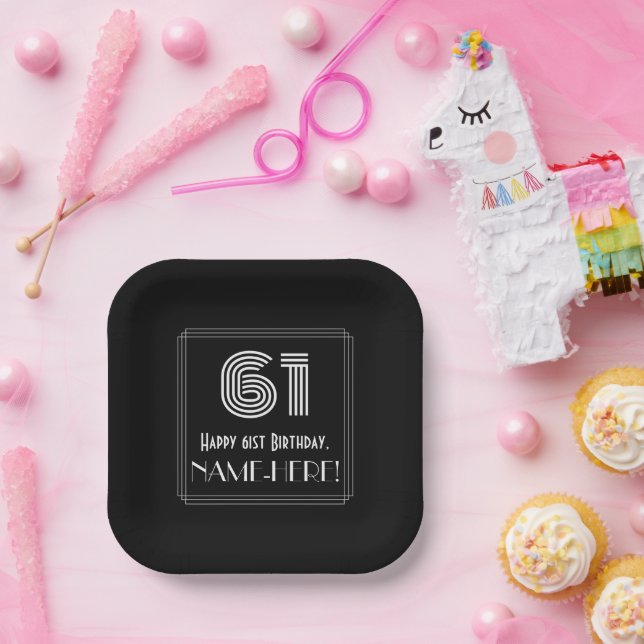61st Birthday — Art Deco Inspired Look “61” + Name Paper Plate (Party)
