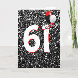 61st Birthday Balloons on Black Glitter  Card