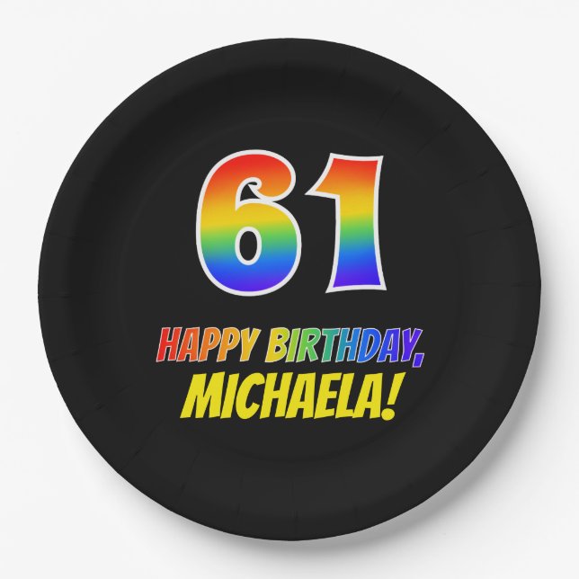 61st Birthday: Bold, Fun, Simple, Rainbow 61 Paper Plate (Front)