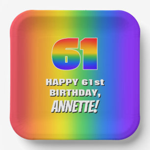 61st Birthday: Colourful, Fun Rainbow Pattern # 61 Paper Plate