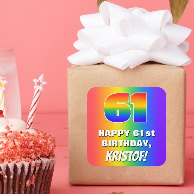 61st Birthday: Colourful, Fun Rainbow Pattern # 61 Square Sticker (Party)