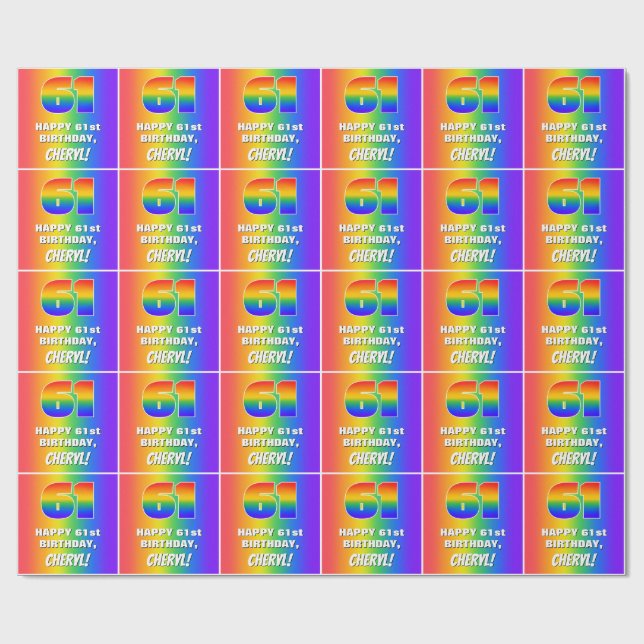 61st Birthday: Colourful, Fun Rainbow Pattern # 61 Wrapping Paper (Flat)