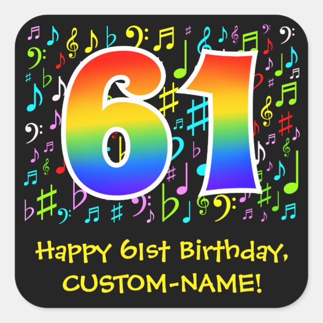 61st Birthday: Colourful Music Symbols, Rainbow 61 Square Sticker (Front)