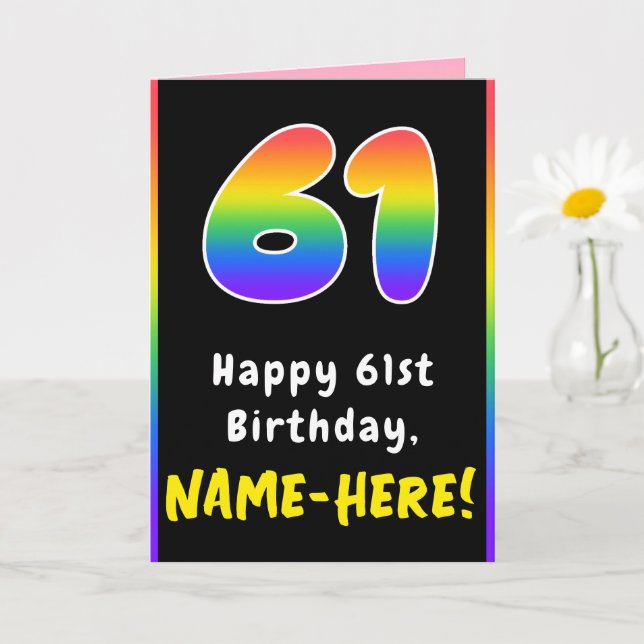 61st Birthday: Colourful Rainbow # 61, Custom Name Card (Small Plant)