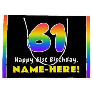 61st Birthday: Colourful Rainbow # 61, Custom Name Large Gift Bag