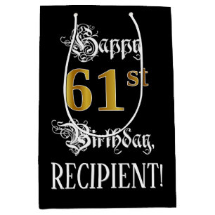 61st Birthday ~ Fancy Script; Faux Gold Look; Name Medium Gift Bag
