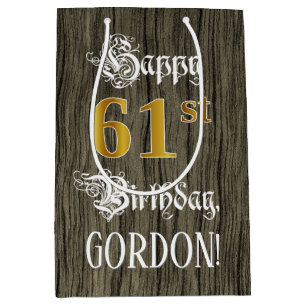 61st Birthday: Faux Gold Look & Faux Wood Pattern Medium Gift Bag