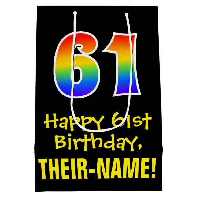 61st Birthday: Fun, Bold, Colourful, Rainbow "61" Medium Gift Bag (Back)