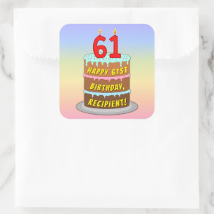 61st Birthday: Fun Cake and Candles + Custom Name Square Sticker