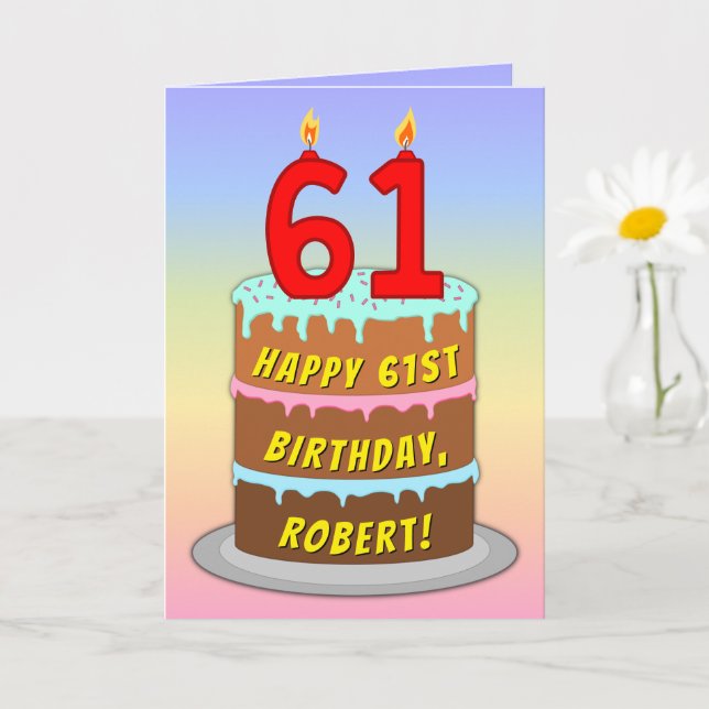 61st Birthday — Fun Cake & Candles, w/ Custom Name Card (Small Plant)