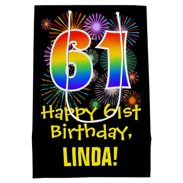 61st Birthday: Fun Fireworks Pattern + Rainbow 61 Medium Gift Bag (Back)