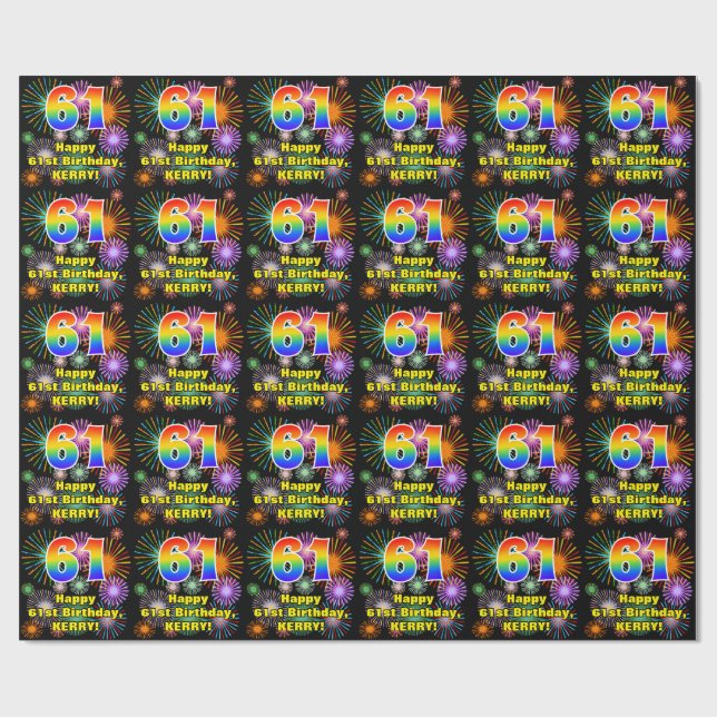 61st Birthday: Fun Fireworks, Rainbow Look # “61” Wrapping Paper (Flat)