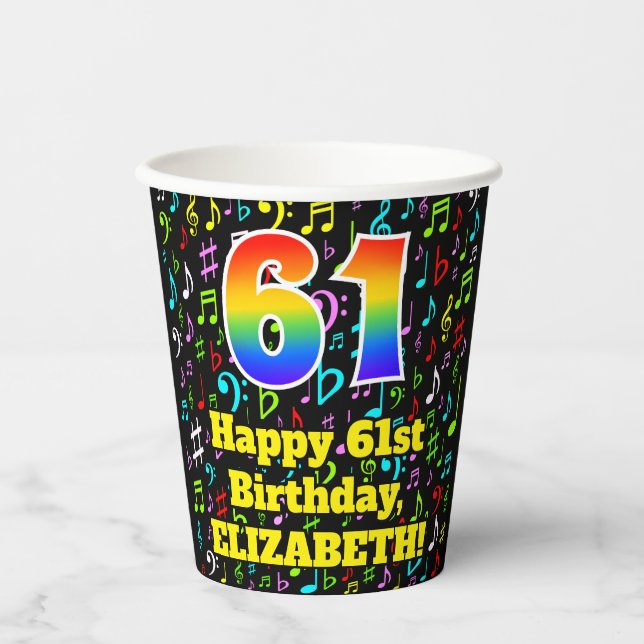 61st Birthday: Fun Music Notes Pattern, Rainbow 61 Paper Cups (Front)