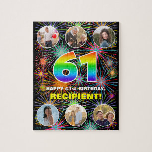 61st Birthday: Fun Rainbow #, Custom Name + Photos Jigsaw Puzzle