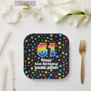 61st Birthday: Fun Stars Pattern and Rainbow “61” Paper Plate