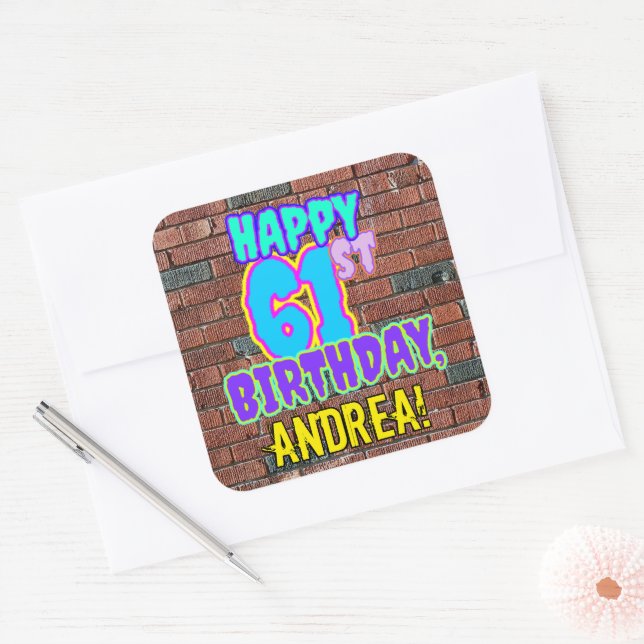 61st Birthday – Fun, Urban Graffiti Inspired Look Square Sticker (Envelope)