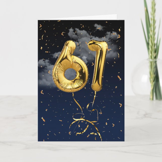 61st Birthday Gold Mylar Balloon and Confetti Card (Front)