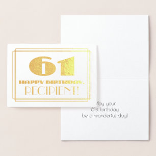 61st Birthday; Name + Art Deco Inspired Look "61" Foil Card