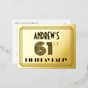 61st Birthday Party ~ Art Deco Style “61” + Name Foil Invitation Postcard