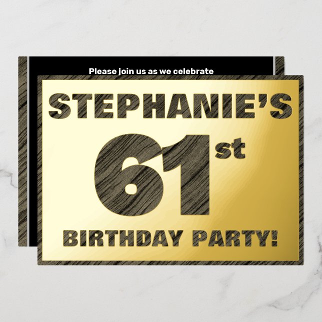 61st Birthday Party — Bold, Faux Wood Grain Text (Front/Back)