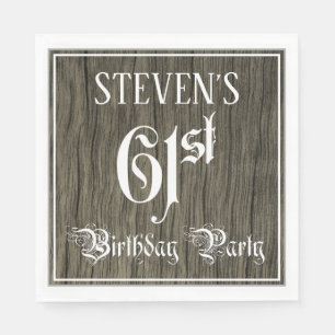 61st Birthday Party — Fancy Script, Faux Wood Look Napkin