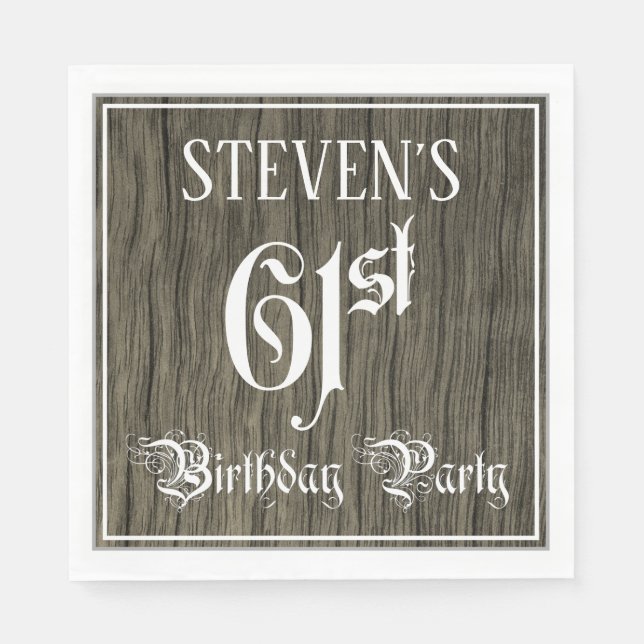 61st Birthday Party — Fancy Script, Faux Wood Look Napkin (Front)