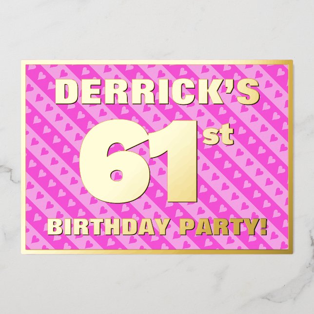 61st Birthday Party — Fun Pink Hearts and Stripes (Front)