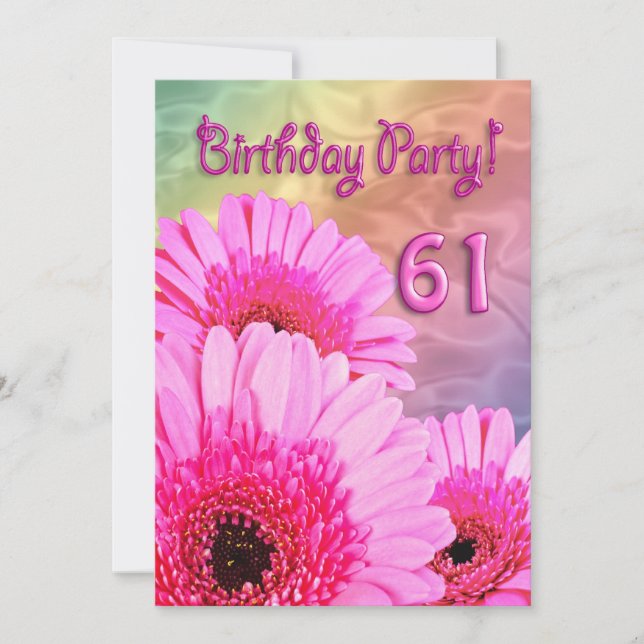 61st Birthday party invitation with pink flowers (Front)