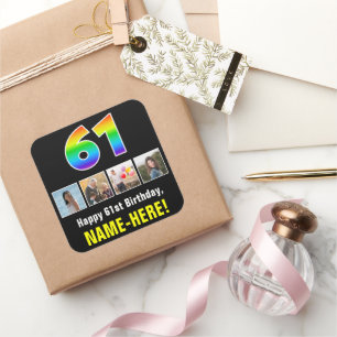 61st Birthday: Rainbow “61”; Custom Photos & Name Square Sticker