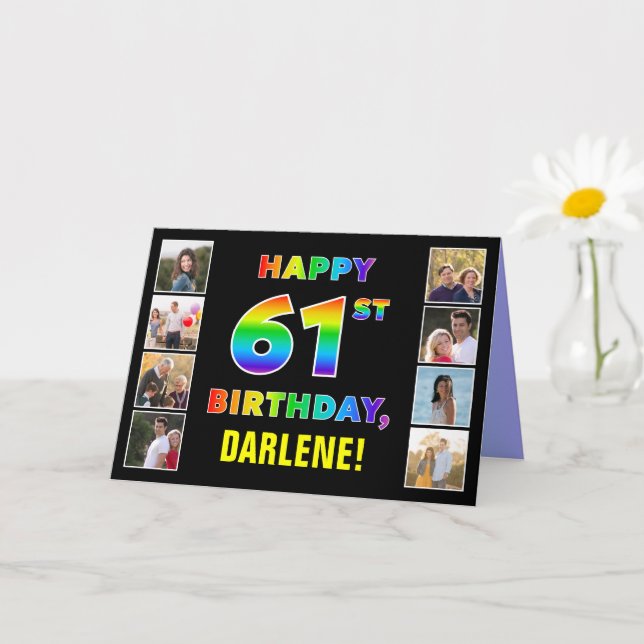 61st Birthday: Rainbow Text, Custom Photos & Name Card (Small Plant)