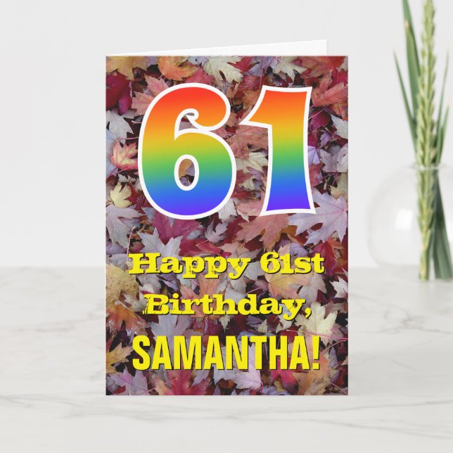 61st Birthday; Rustic Autumn Leaves; Rainbow "61" Card (Front)
