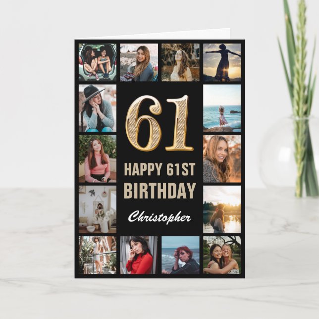 61st Happy Birthday Black and Gold Photo Collage Card (Front)