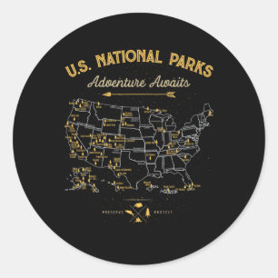 62 National Parks Map Gifts Us Park Vintage Campin Classic Round Sticker