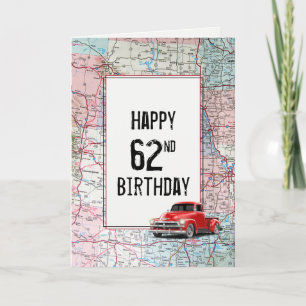 62e anniversaire Camion rouge Retro sur la carte