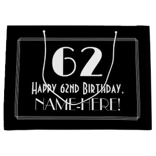 62nd Birthday: Art Deco Inspired Style "62", Name Large Gift Bag