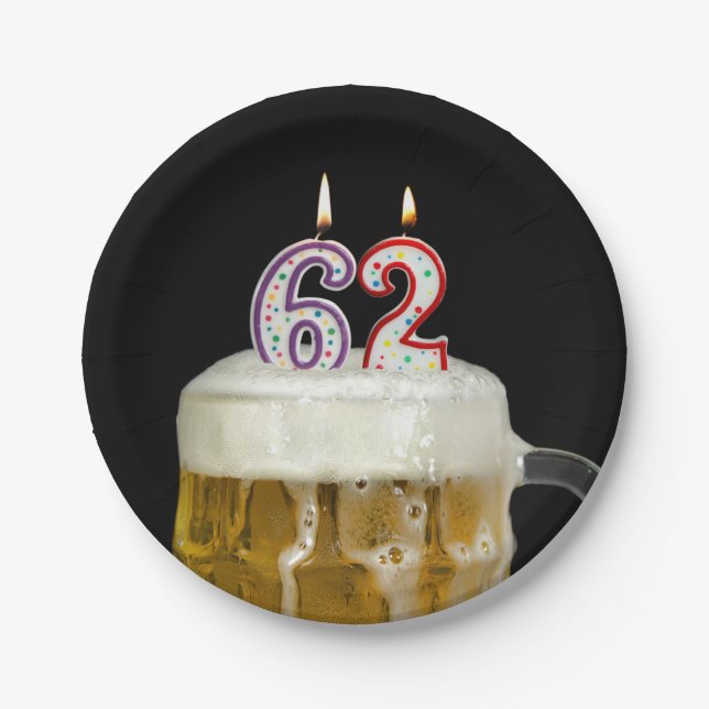 62nd birthday beer with candle paper plate (Front)