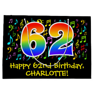 62nd Birthday - Colourful Music Symbols, Rainbow 6 Large Gift Bag