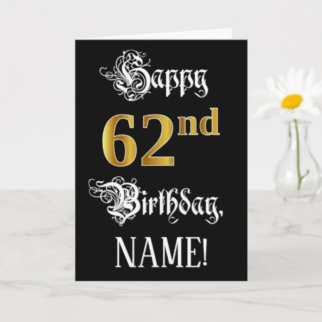 62nd Birthday — Fancy Script; Faux Gold Look; Name Card (Small Plant)