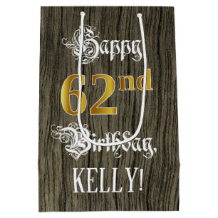 62nd Birthday: Faux Gold Look & Faux Wood Pattern  Medium Gift Bag