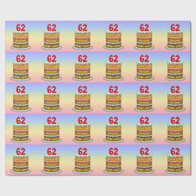 62nd Birthday: Fun Cake and Candles + Custom Name Wrapping Paper (Seam)