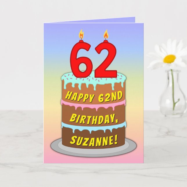 62nd Birthday — Fun Cake & Candles, w/ Custom Name Card (Small Plant)