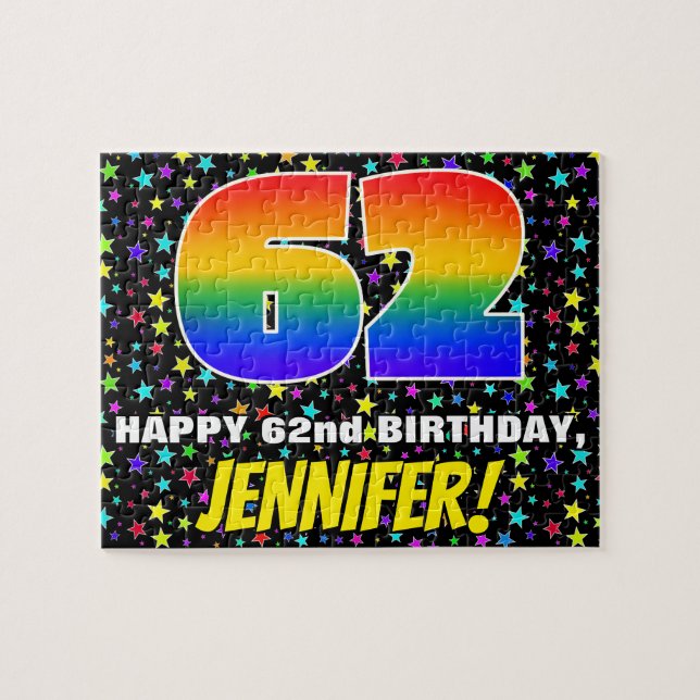 62nd Birthday — Fun, Colourful Star Field Pattern Jigsaw Puzzle (Horizontal)