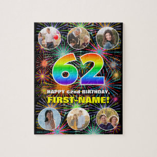 62nd Birthday: Fun Rainbow #, Custom Name + Photos Jigsaw Puzzle