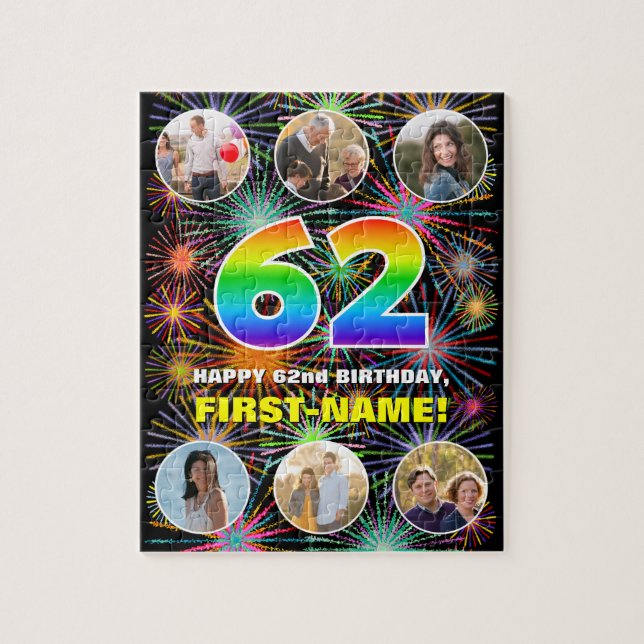 62nd Birthday: Fun Rainbow #, Custom Name + Photos Jigsaw Puzzle (Vertical)