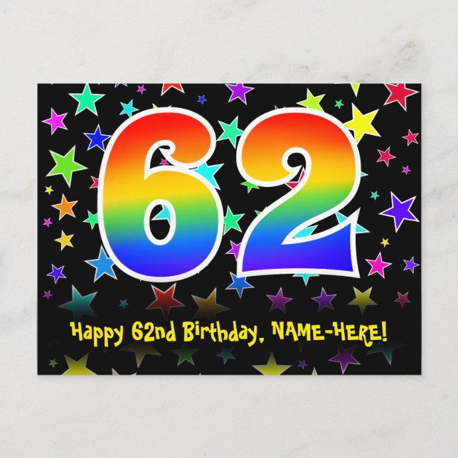 62nd Birthday: Fun Stars Pattern, Rainbow 62, Name Postcard (Front)
