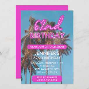 62nd birthday invitation Summer Pink Palm tree
